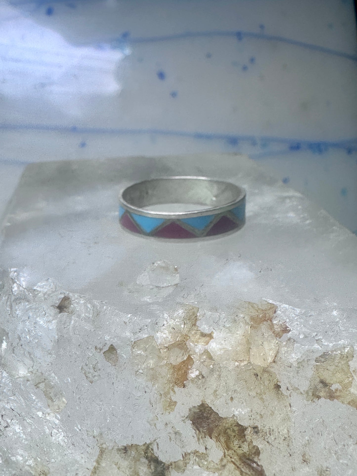 Zuni ring wedding band  sterling silver turquoise coral chips size 9.50 men women