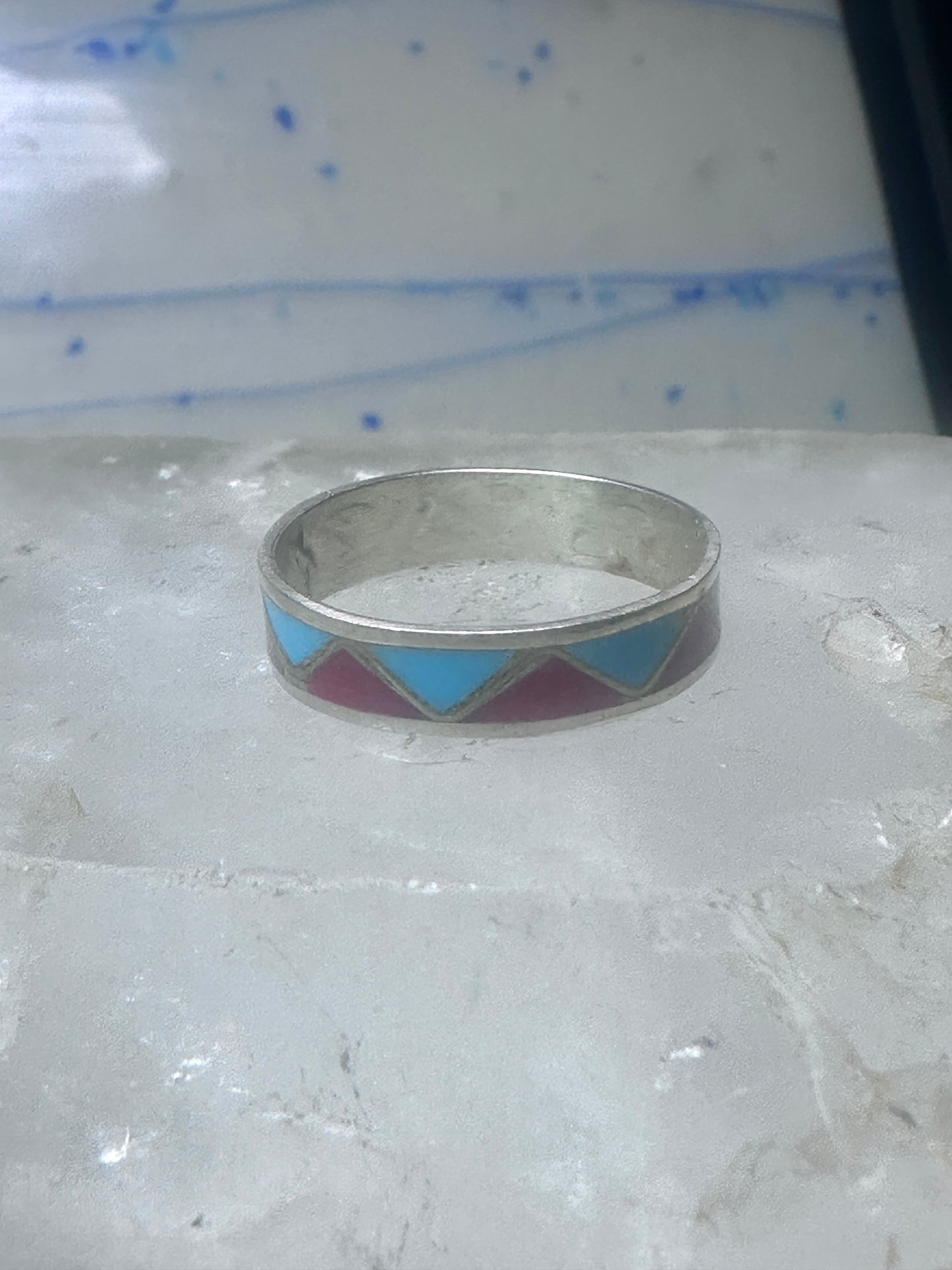 Zuni ring wedding band  sterling silver turquoise coral chips size 9.50 men women