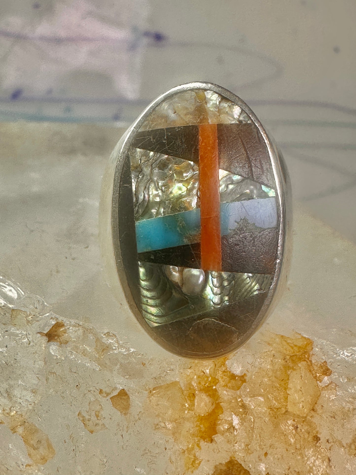 Navajo Abalone Ring Coral Turquoise size 11 sterling silver women men