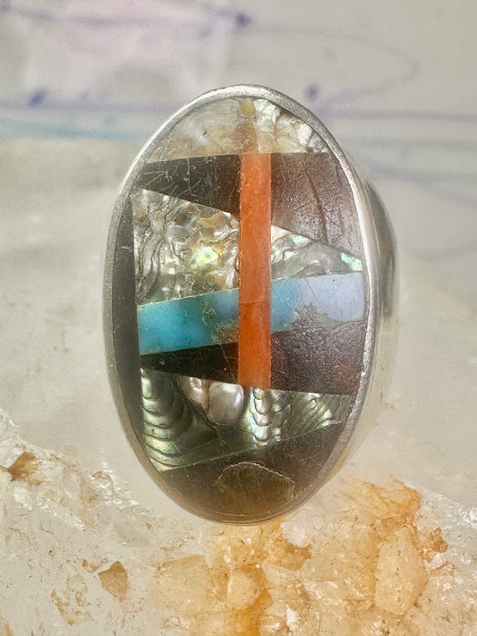 Navajo Abalone Ring Coral Turquoise size 11 sterling silver women men