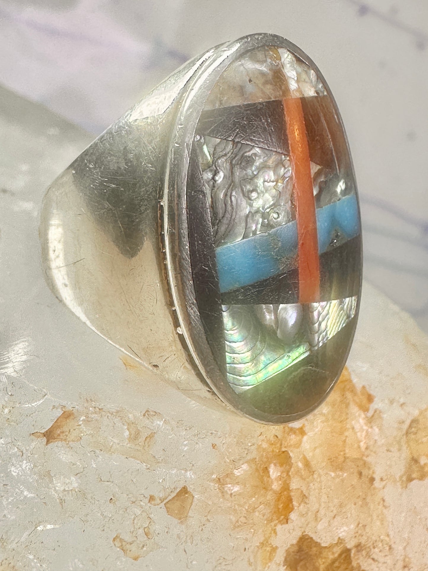 Navajo Abalone Ring Coral Turquoise size 11 sterling silver women men