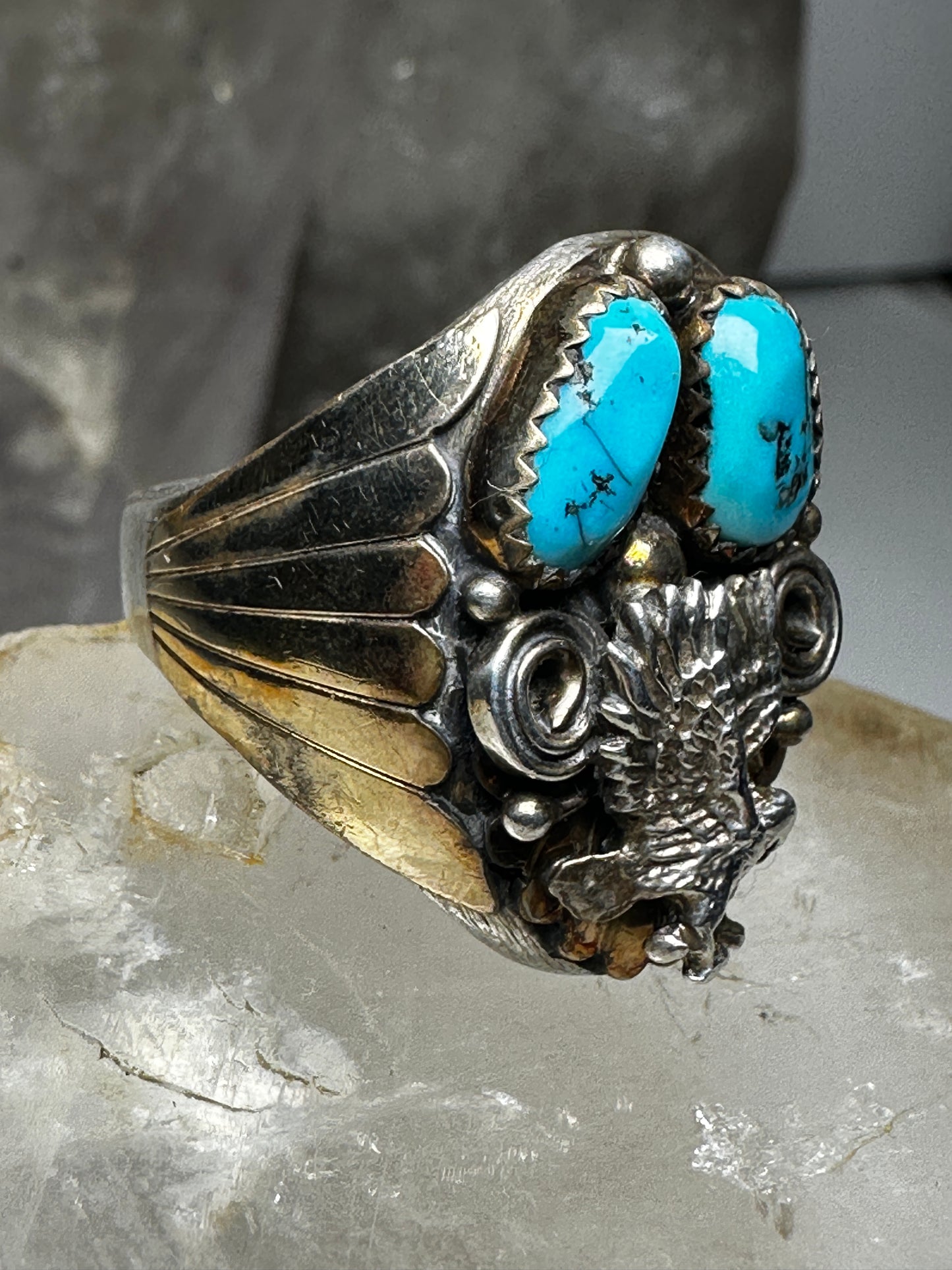 Eagle ring size 12 Navajo signed AL turquoise  sterling silver women men