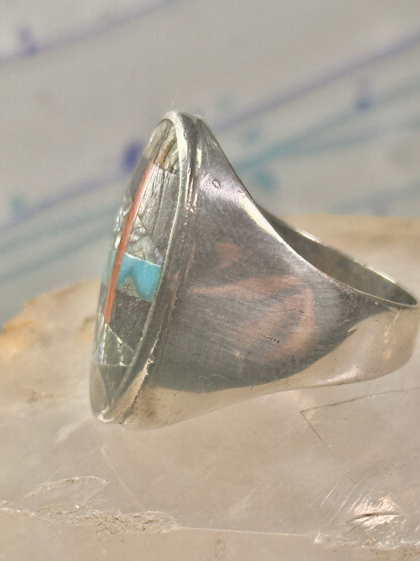 Navajo Abalone Ring Coral Turquoise size 11 sterling silver women men