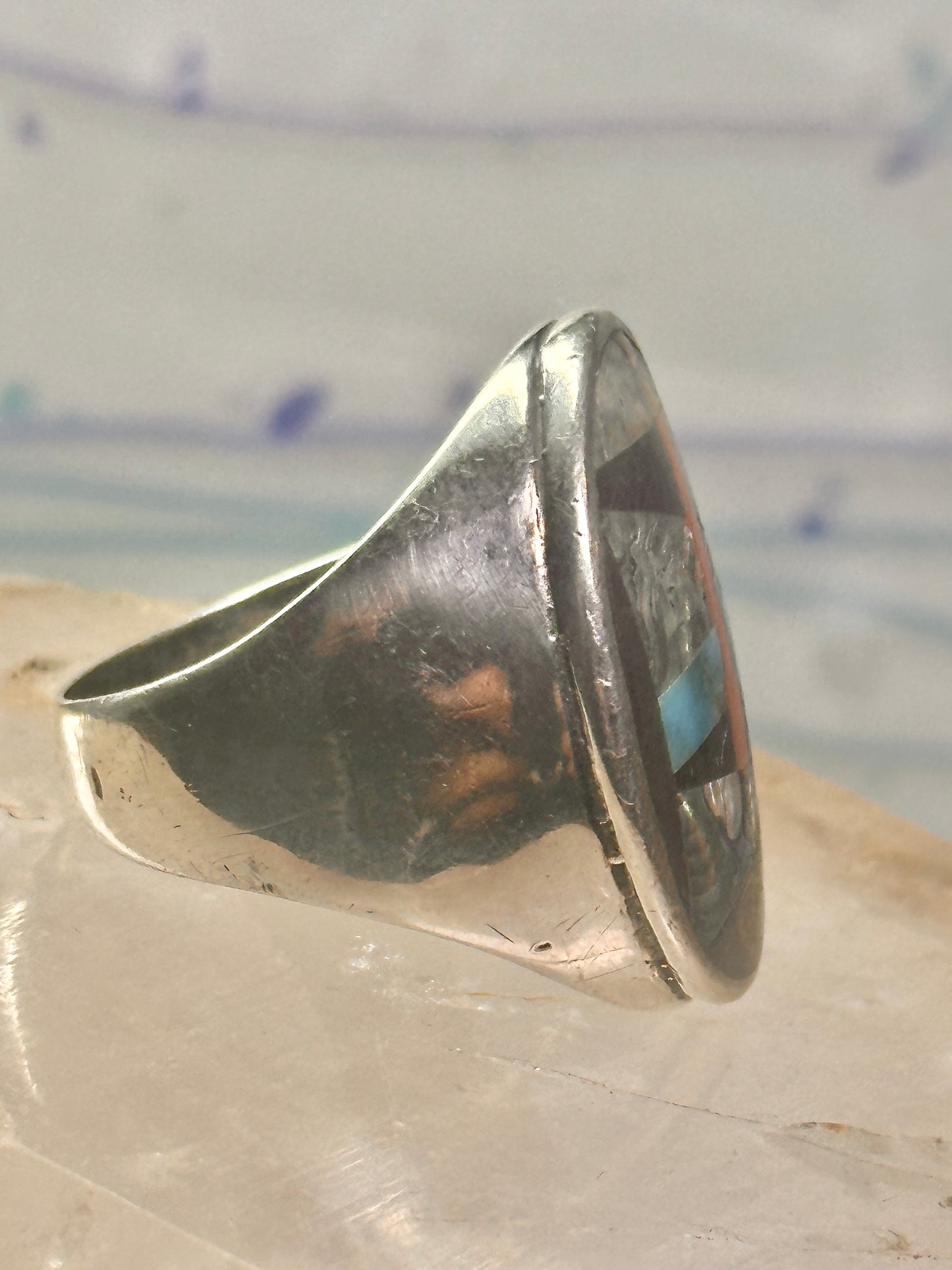 Navajo Abalone Ring Coral Turquoise size 11 sterling silver women men