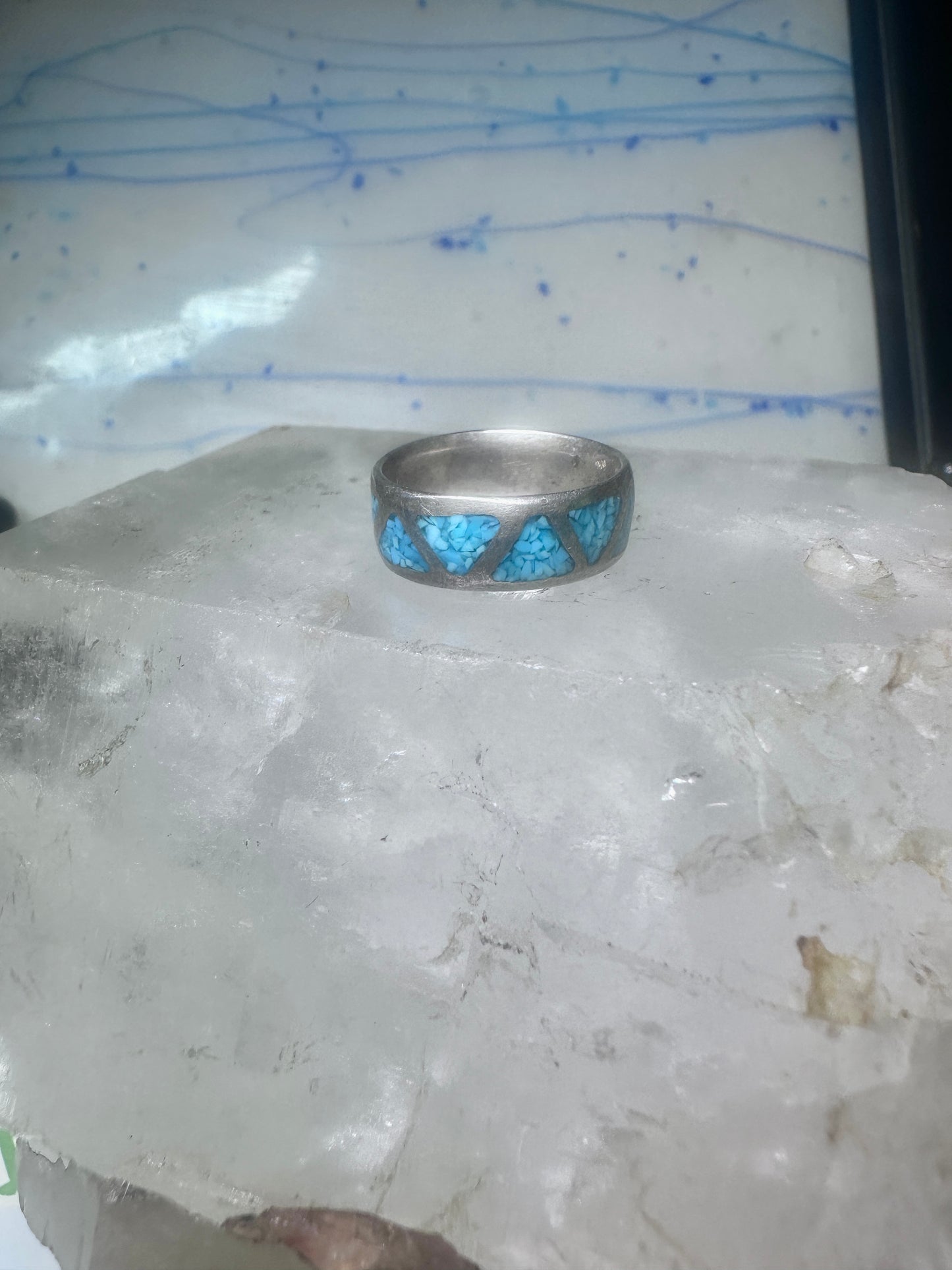 Zuni ring wedding band sterling silver turquoise chips size 6.75 men women