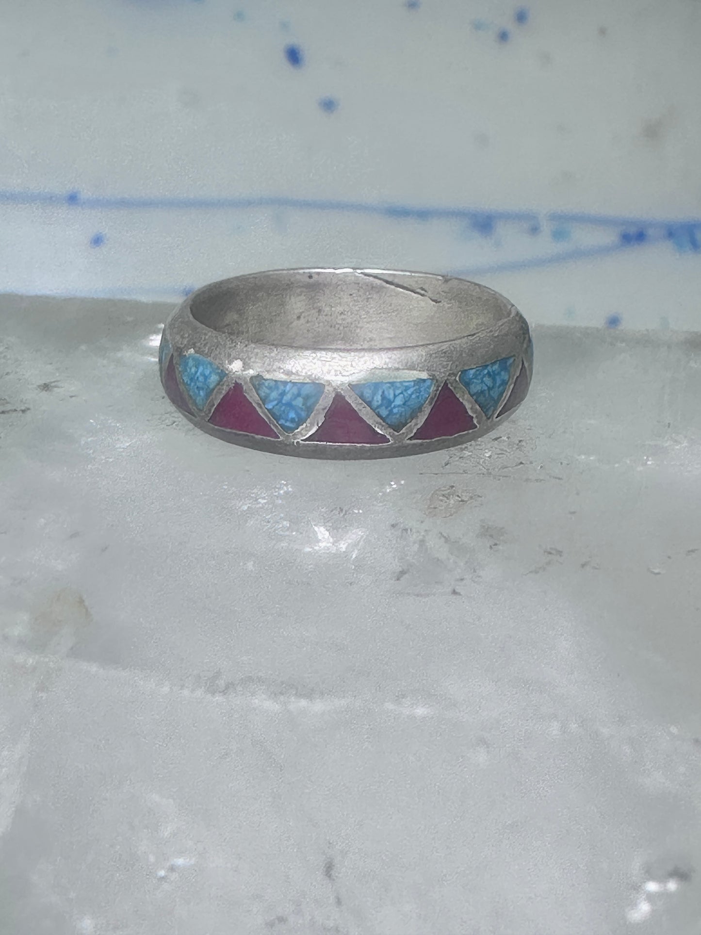 Zuni ring wedding band  sterling silver turquoise coral chips size 7.5 men women