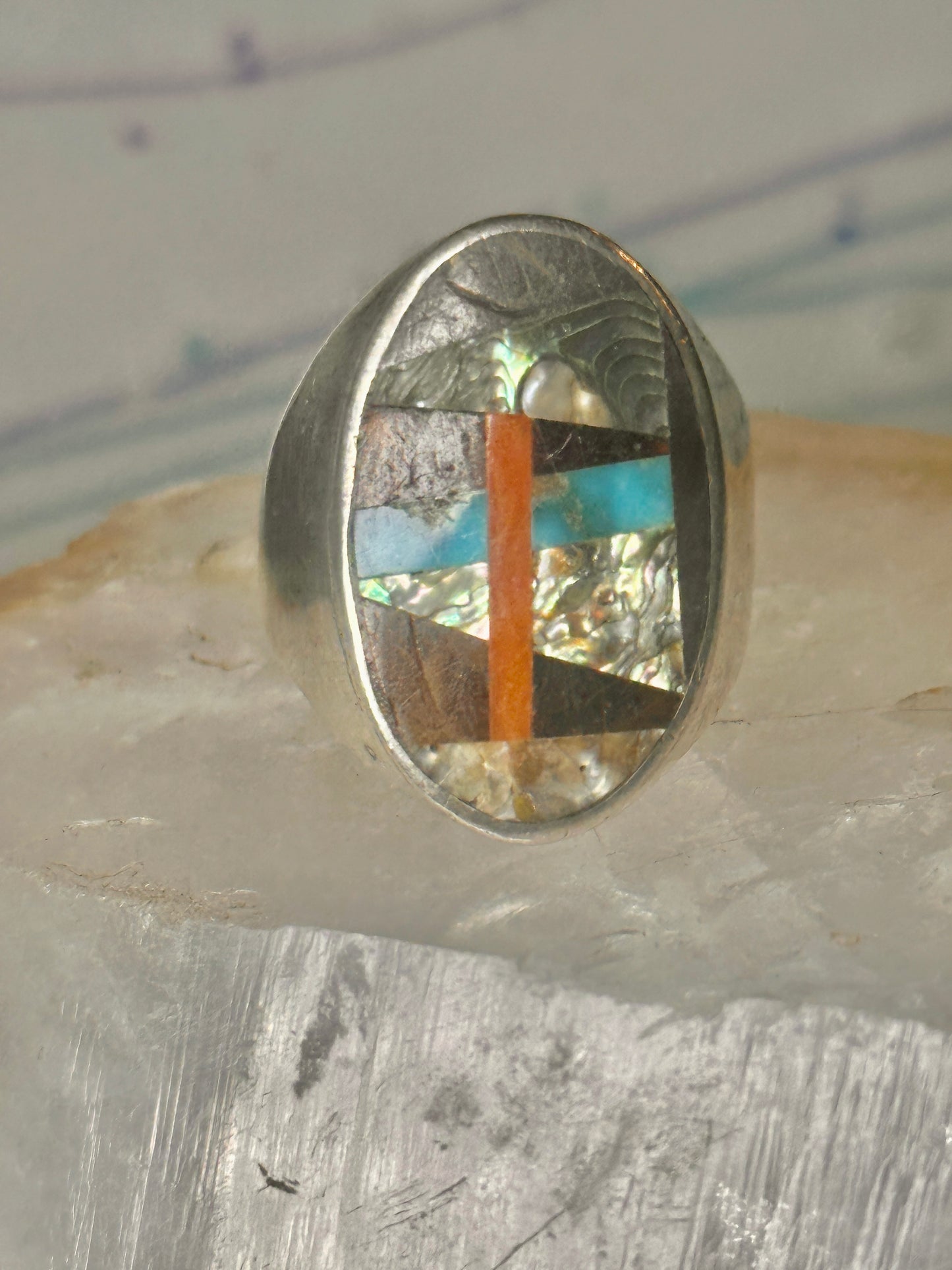 Navajo Abalone Ring Coral Turquoise size 11 sterling silver women men