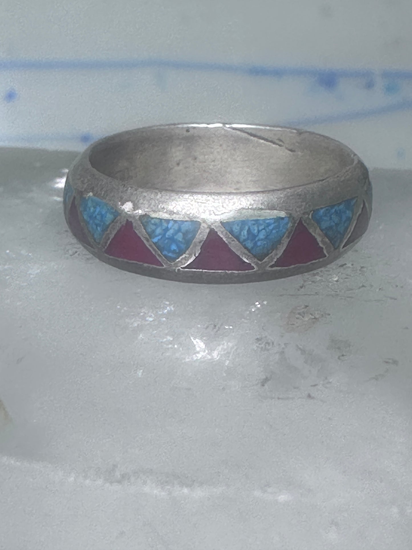 Zuni ring wedding band  sterling silver turquoise coral chips size 7.5 men women