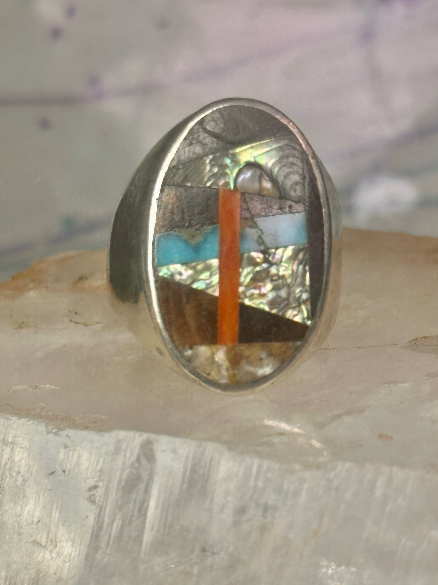 Navajo Abalone Ring Coral Turquoise size 11 sterling silver women men