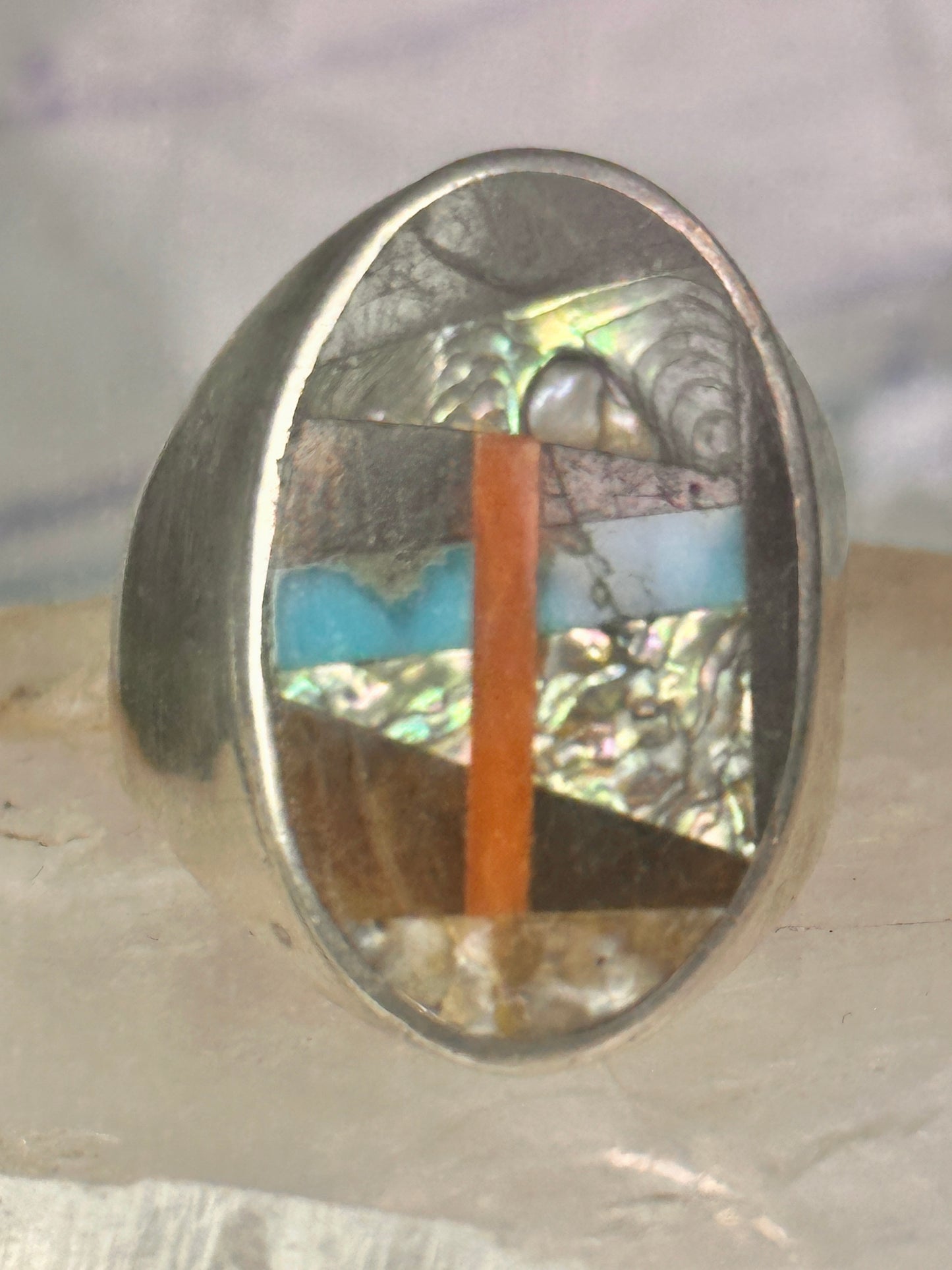 Navajo Abalone Ring Coral Turquoise size 11 sterling silver women men