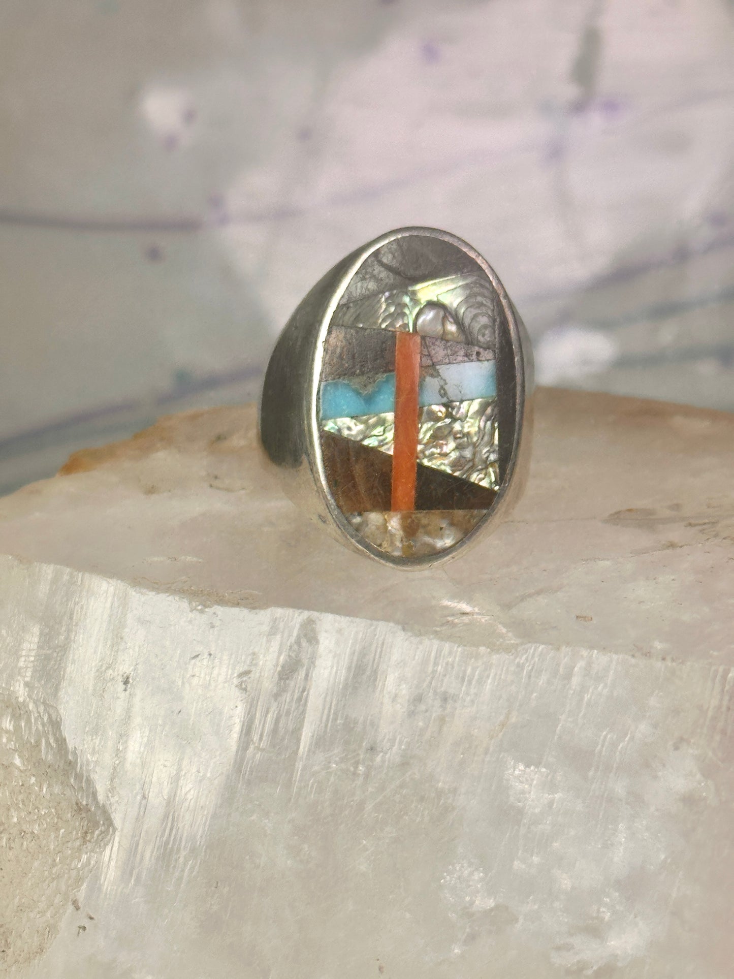 Navajo Abalone Ring Coral Turquoise size 11 sterling silver women men