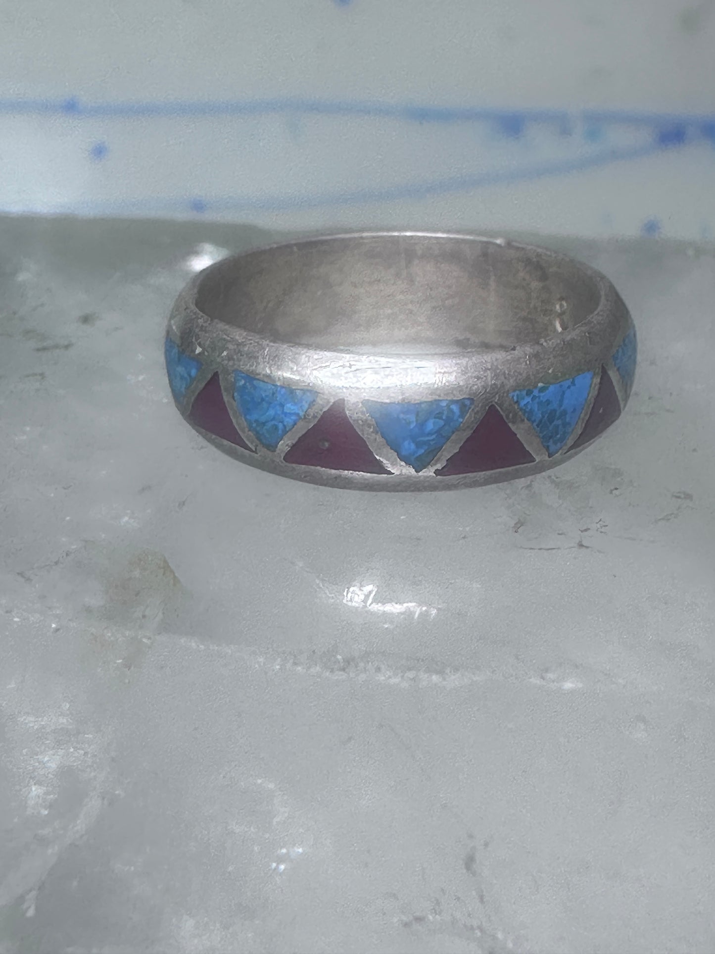 Zuni ring wedding band  sterling silver turquoise coral chips size 7.5 men women