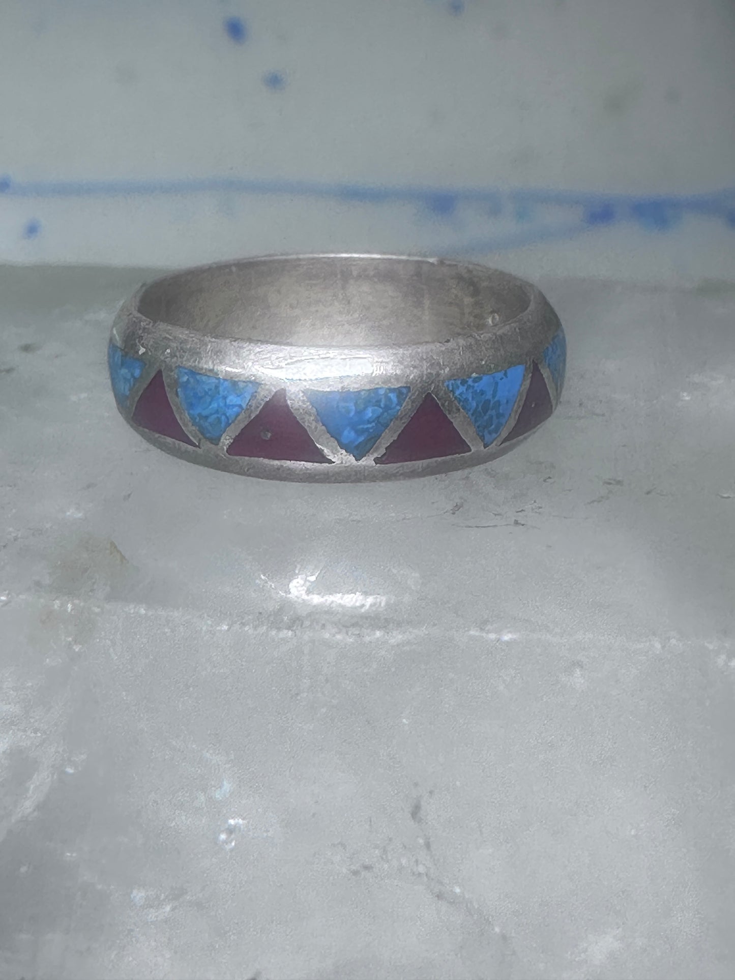 Zuni ring wedding band  sterling silver turquoise coral chips size 7.5 men women