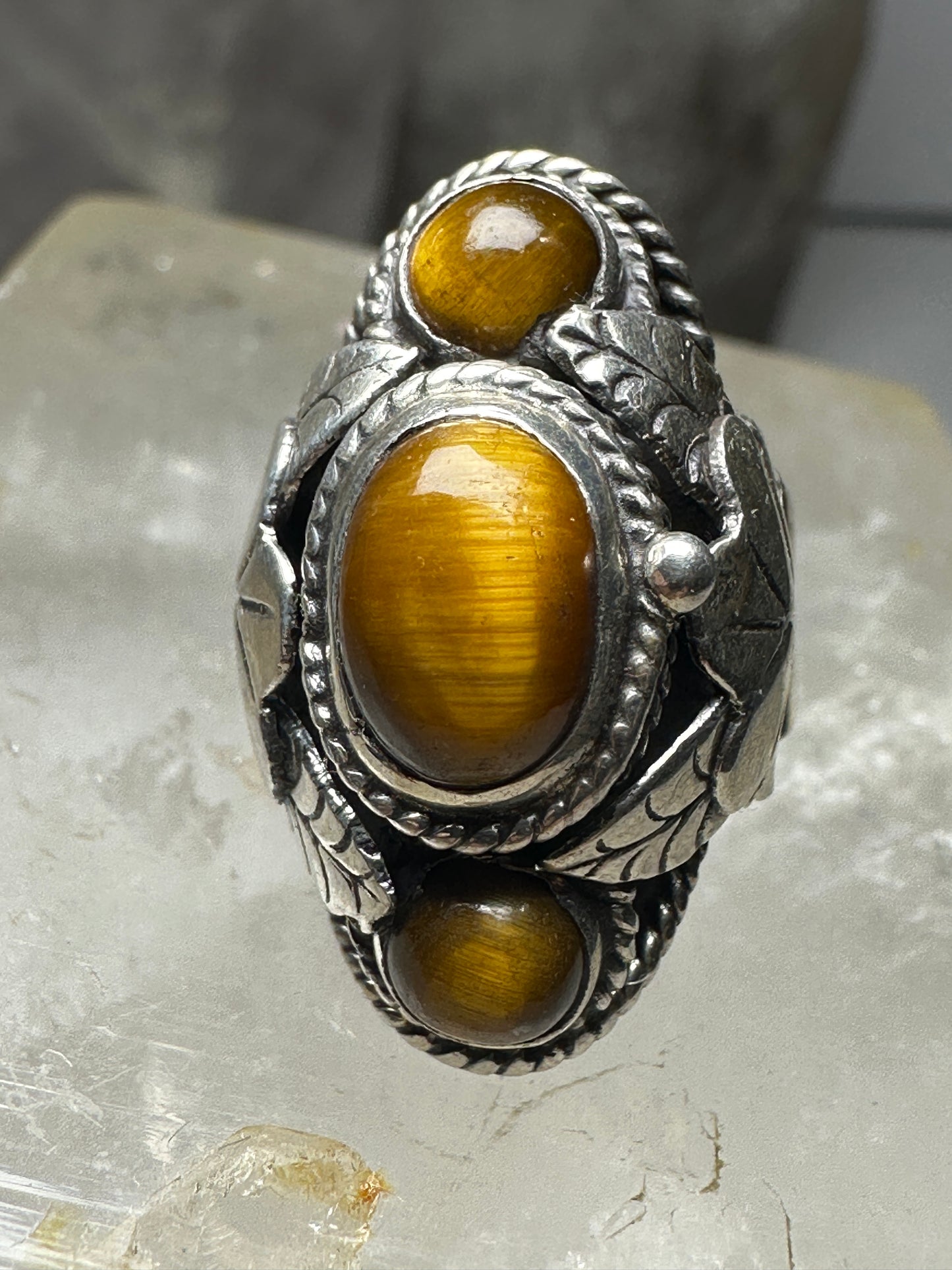 Poison ring  Tiger Eye size 6.50 adj Mexico Taxco sterling silver women
