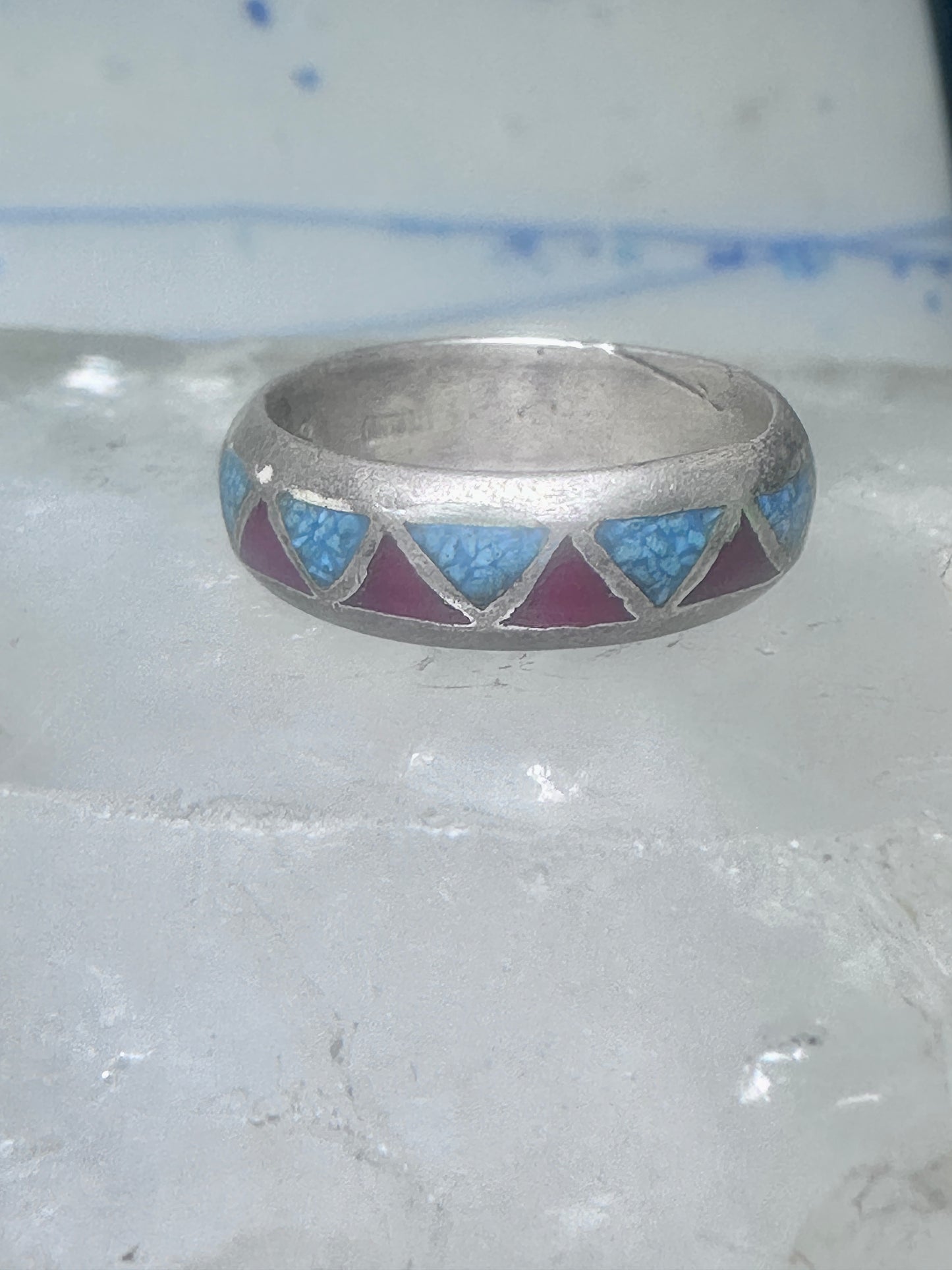 Zuni ring wedding band  sterling silver turquoise coral chips size 7.5 men women