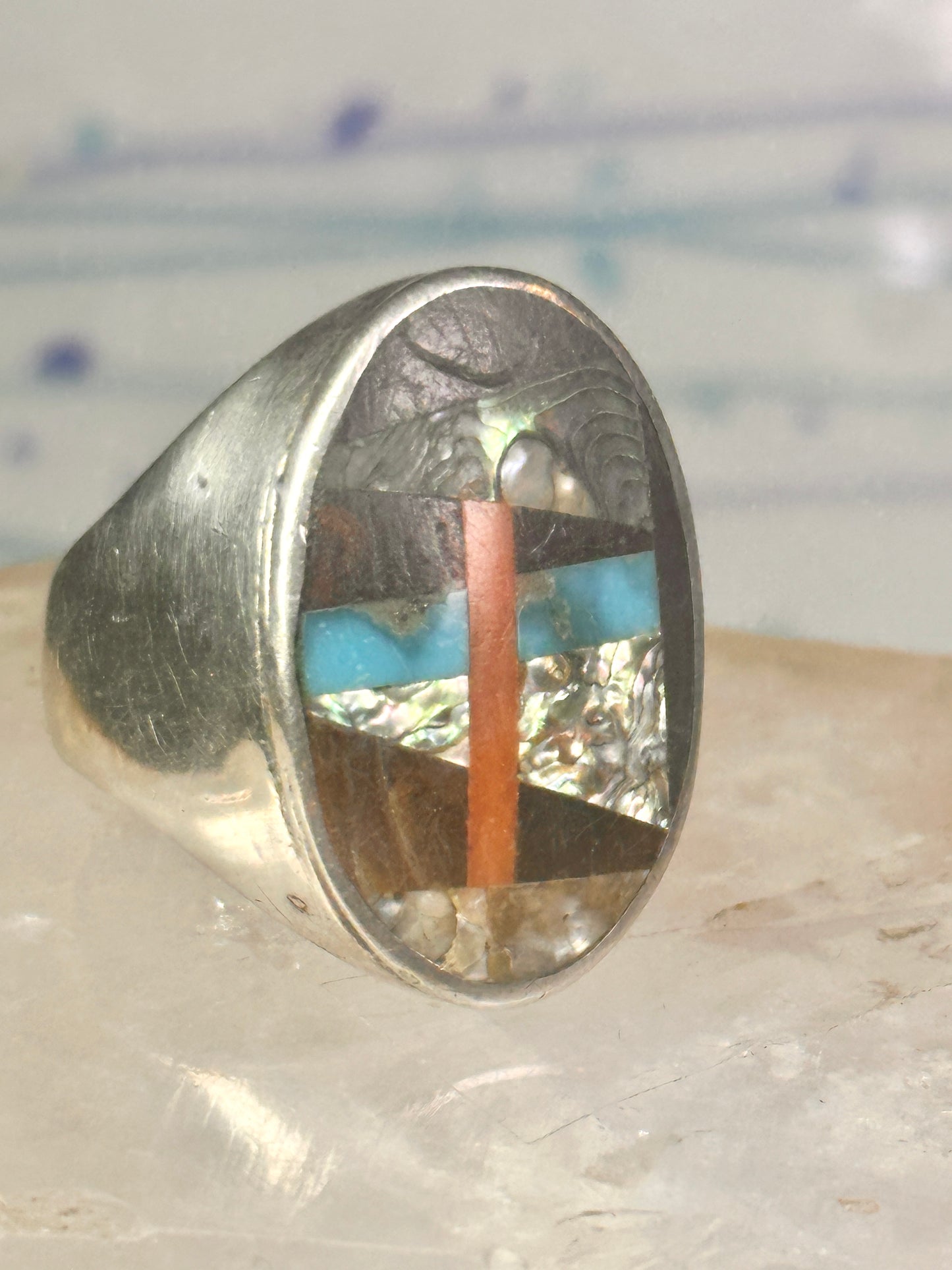 Navajo Abalone Ring Coral Turquoise size 11 sterling silver women men