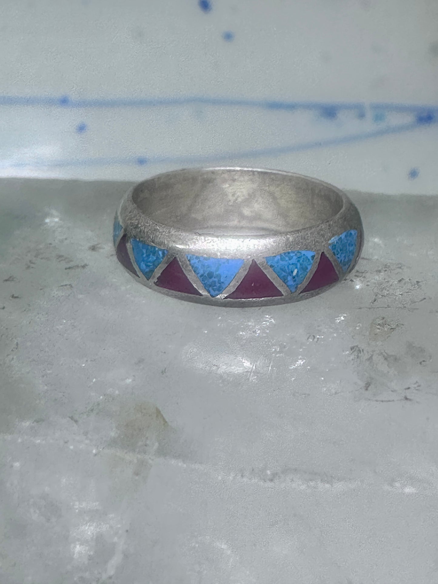 Zuni ring wedding band  sterling silver turquoise coral chips size 7.5 men women