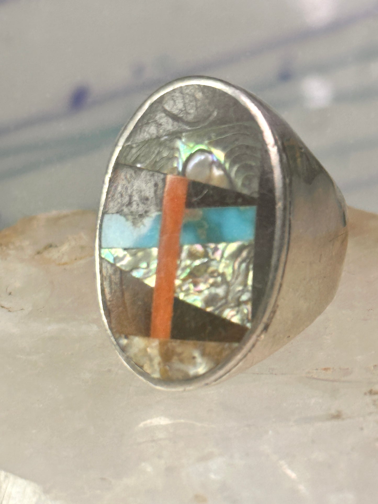 Navajo Abalone Ring Coral Turquoise size 11 sterling silver women men