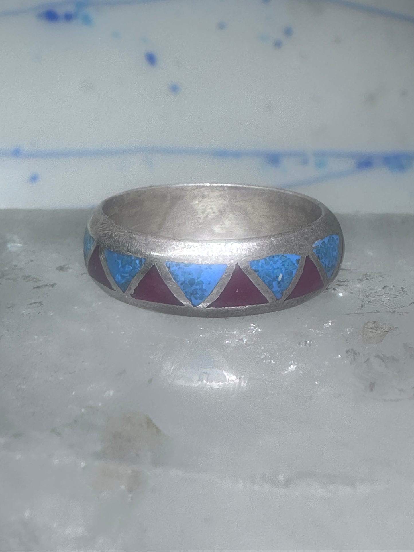 Zuni ring wedding band  sterling silver turquoise coral chips size 7.5 men women