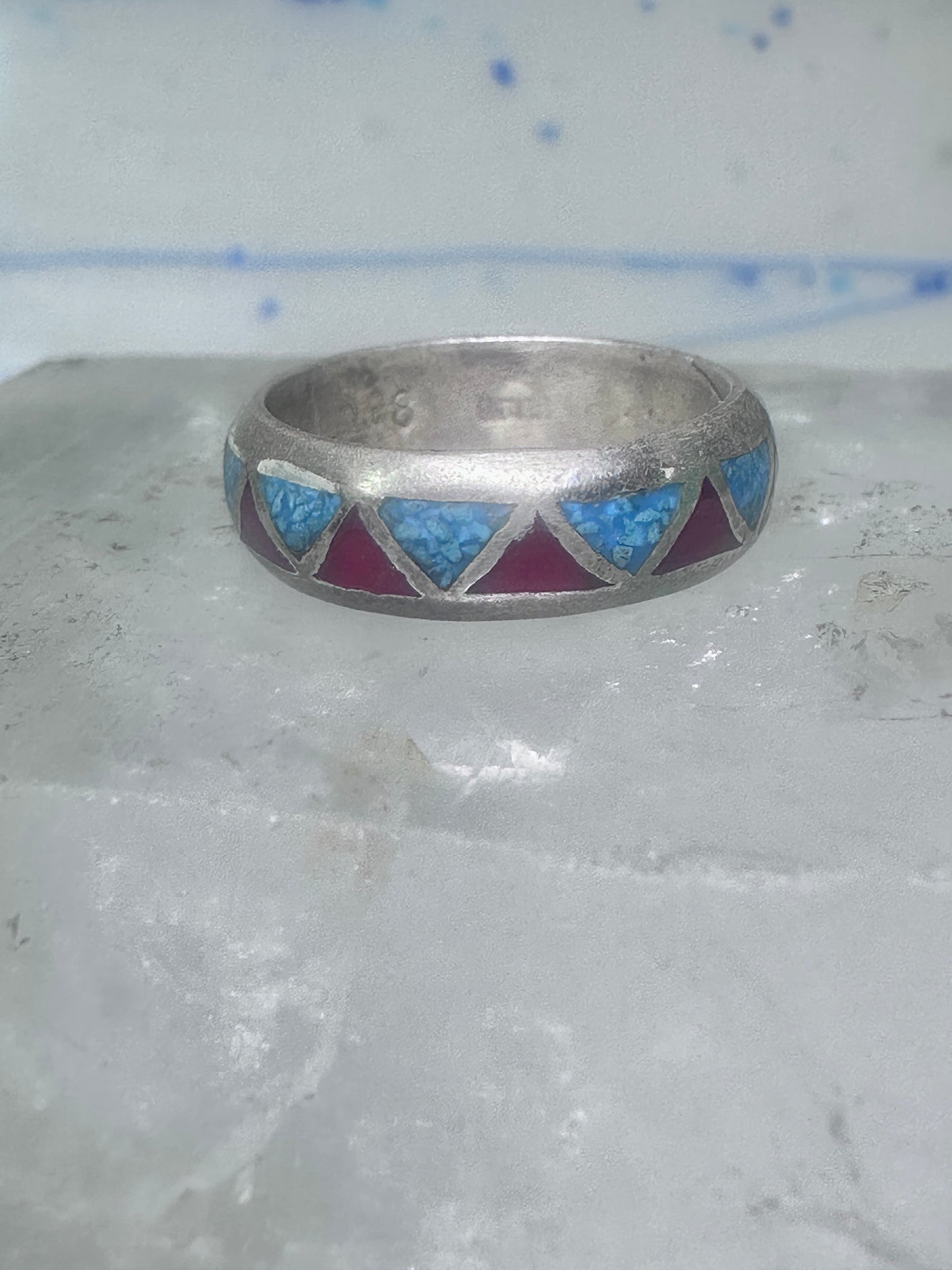 Zuni ring wedding band  sterling silver turquoise coral chips size 7.5 men women