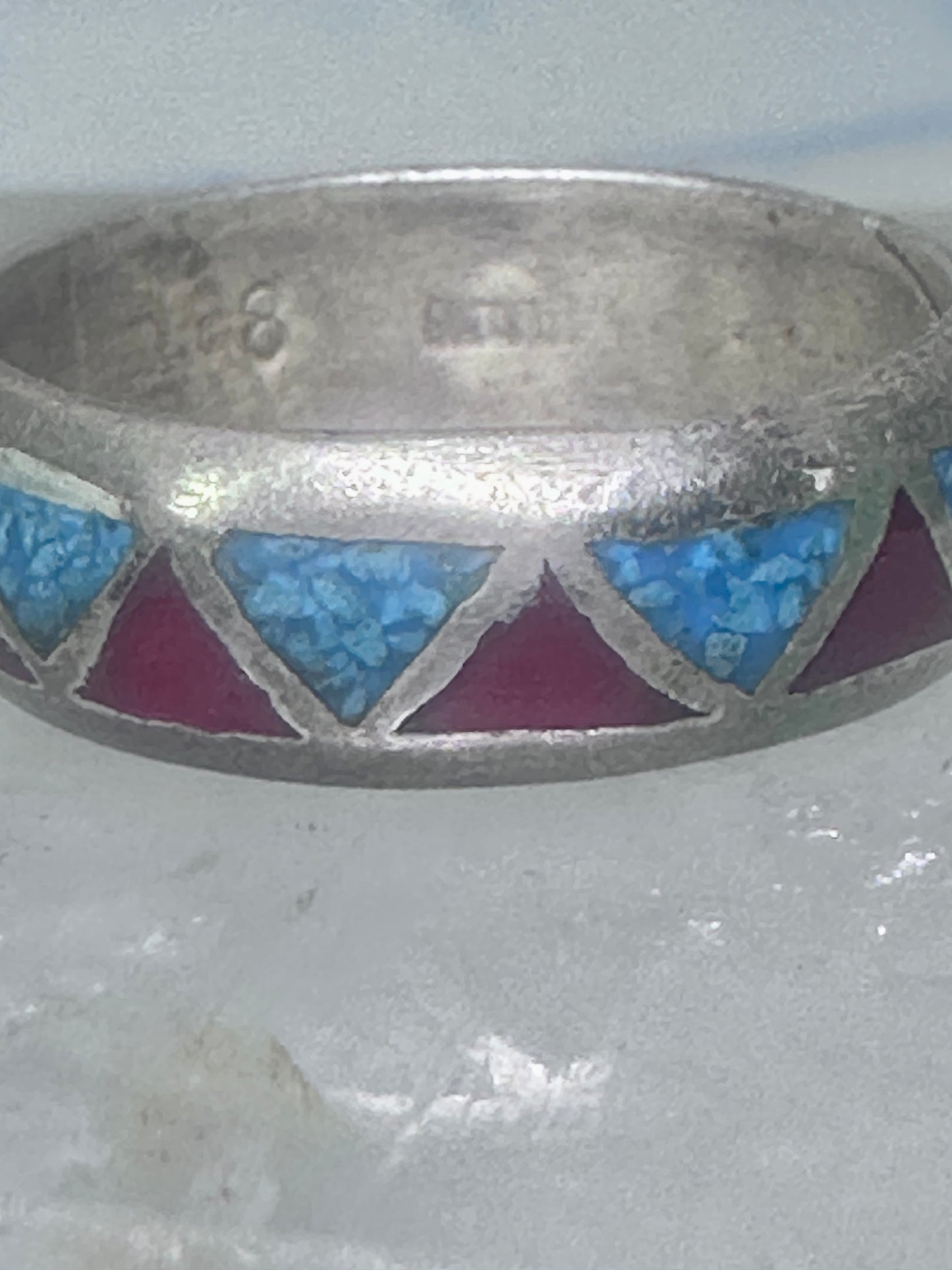 Zuni ring wedding band  sterling silver turquoise coral chips size 7.5 men women