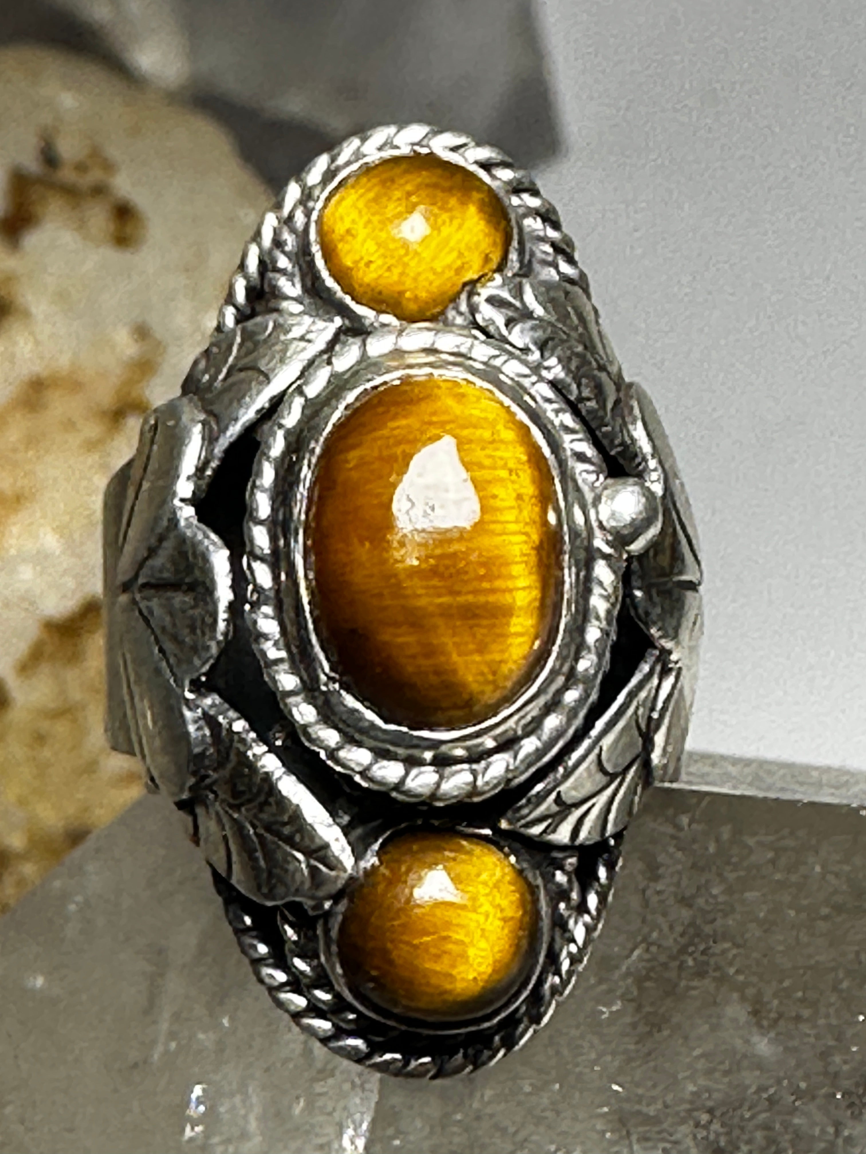 Tiger Eye Triple Sterling Silver Ring; size 7 1/4 - The Fossil Cartel