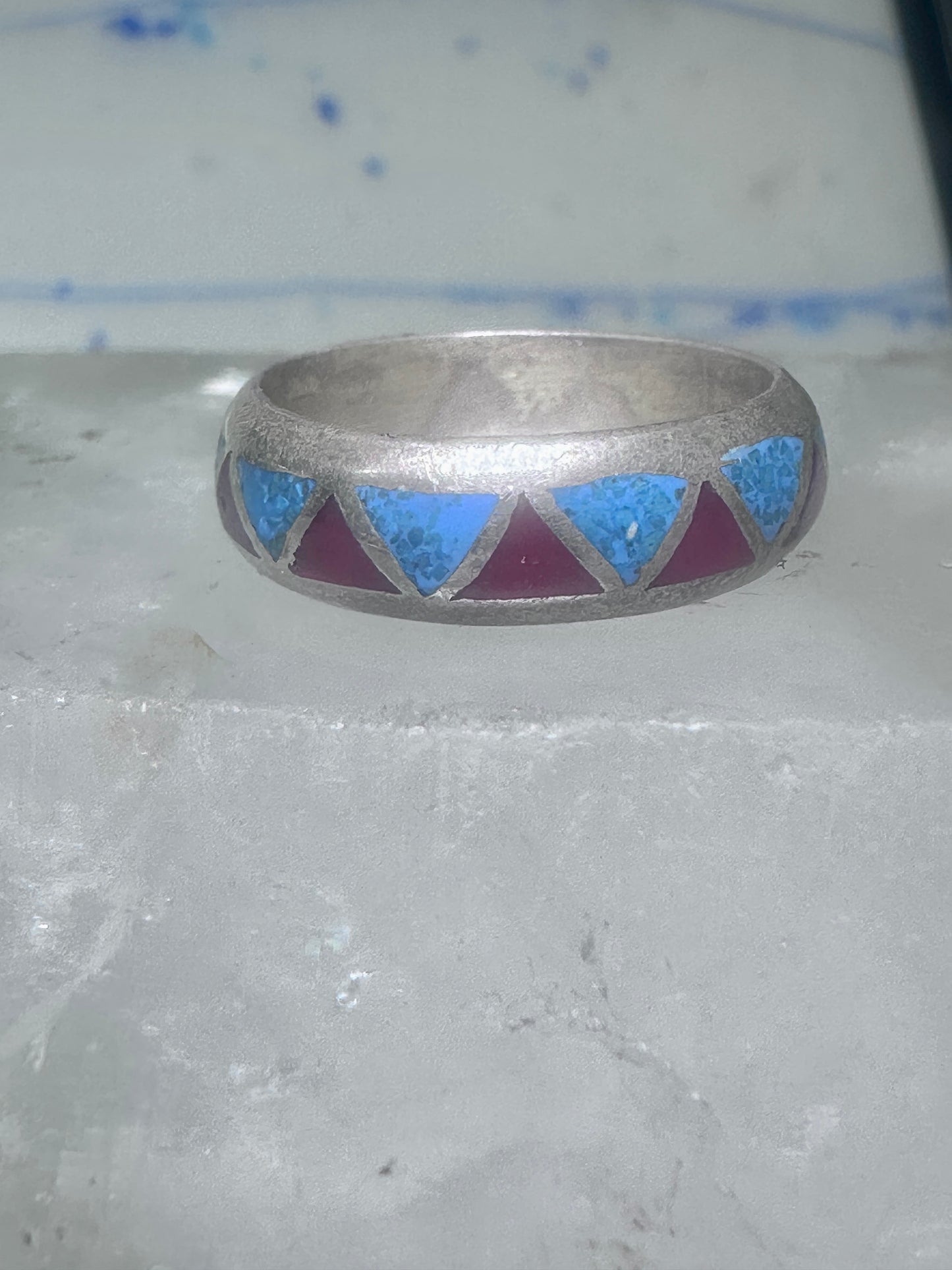 Zuni ring wedding band  sterling silver turquoise coral chips size 7.5 men women