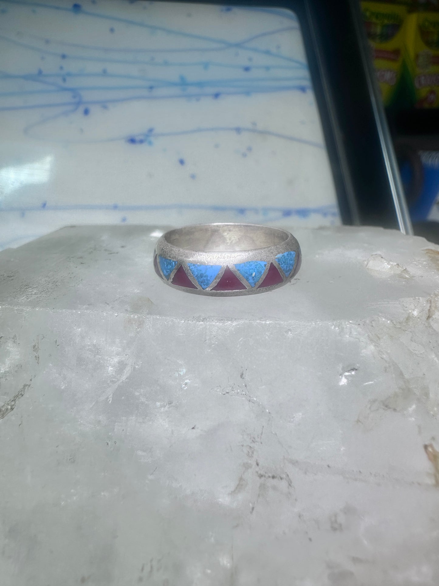 Zuni ring wedding band  sterling silver turquoise coral chips size 7.5 men women