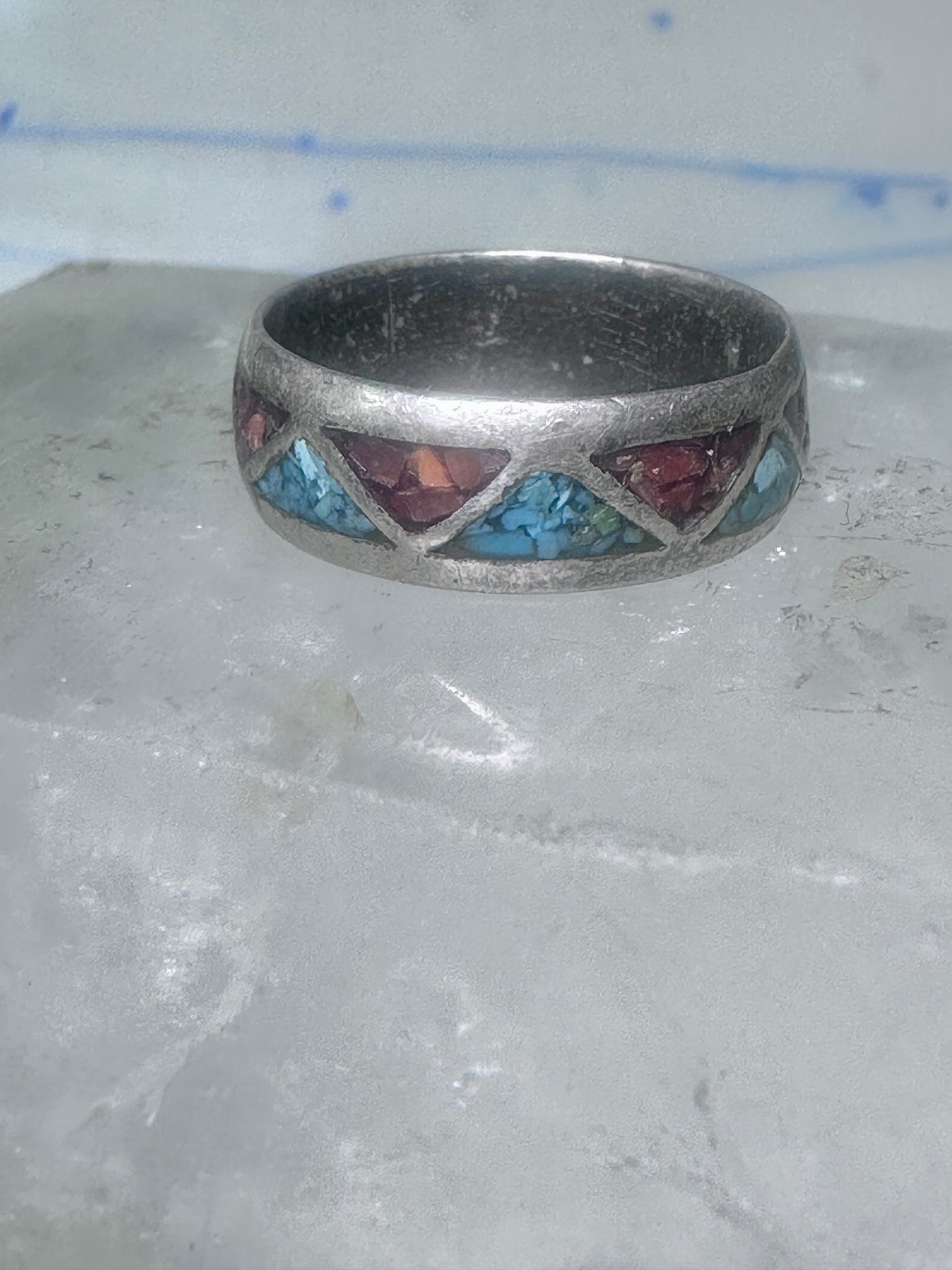 Zuni ring wedding band sterling silver turquoise coral chips size 9.5 men women