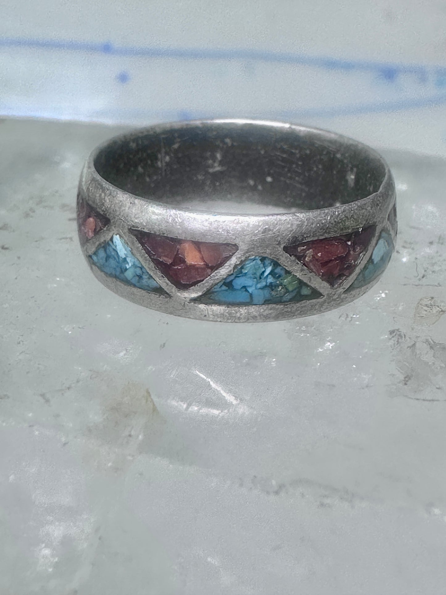 Zuni ring wedding band sterling silver turquoise coral chips size 9.5 men women