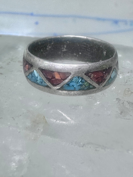 Zuni ring wedding band sterling silver turquoise coral chips size 9.5 men women