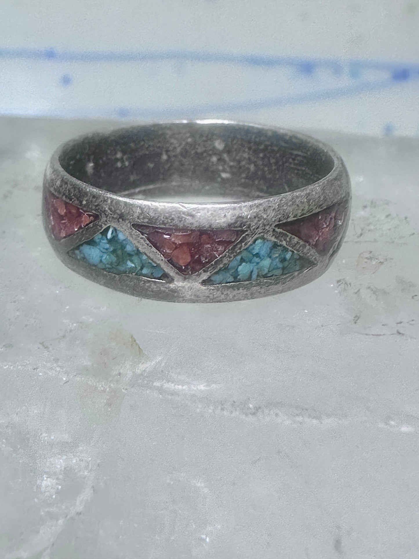 Zuni ring wedding band sterling silver turquoise coral chips size 9.5 men women