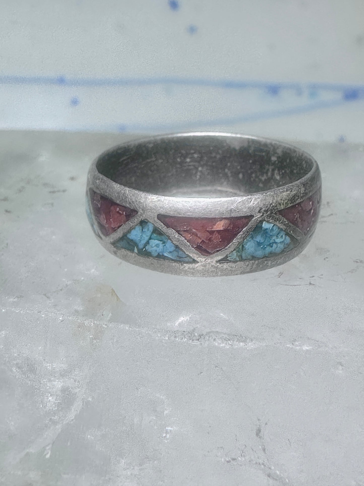 Zuni ring wedding band sterling silver turquoise coral chips size 9.5 men women