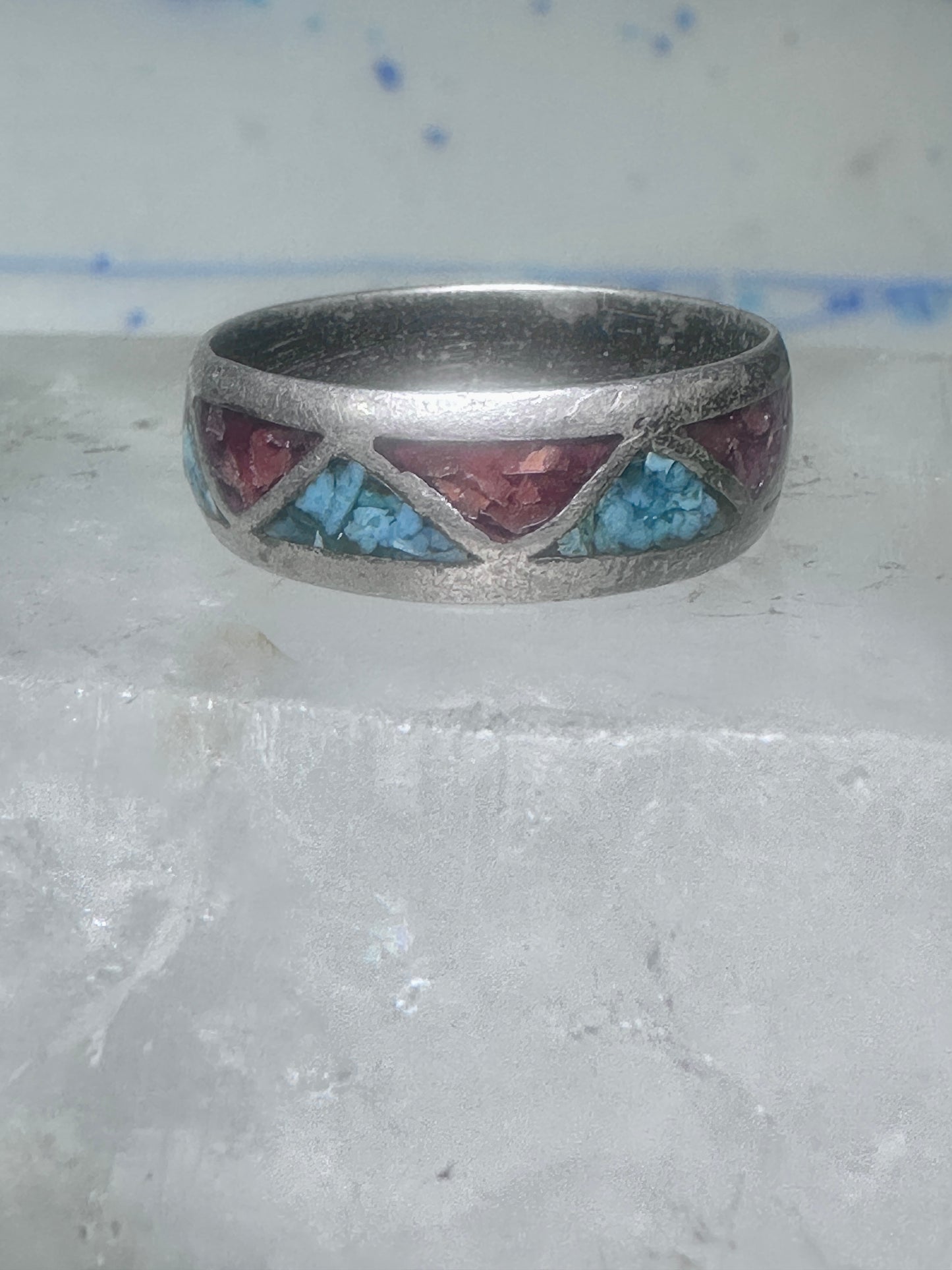 Zuni ring wedding band sterling silver turquoise coral chips size 9.5 men women