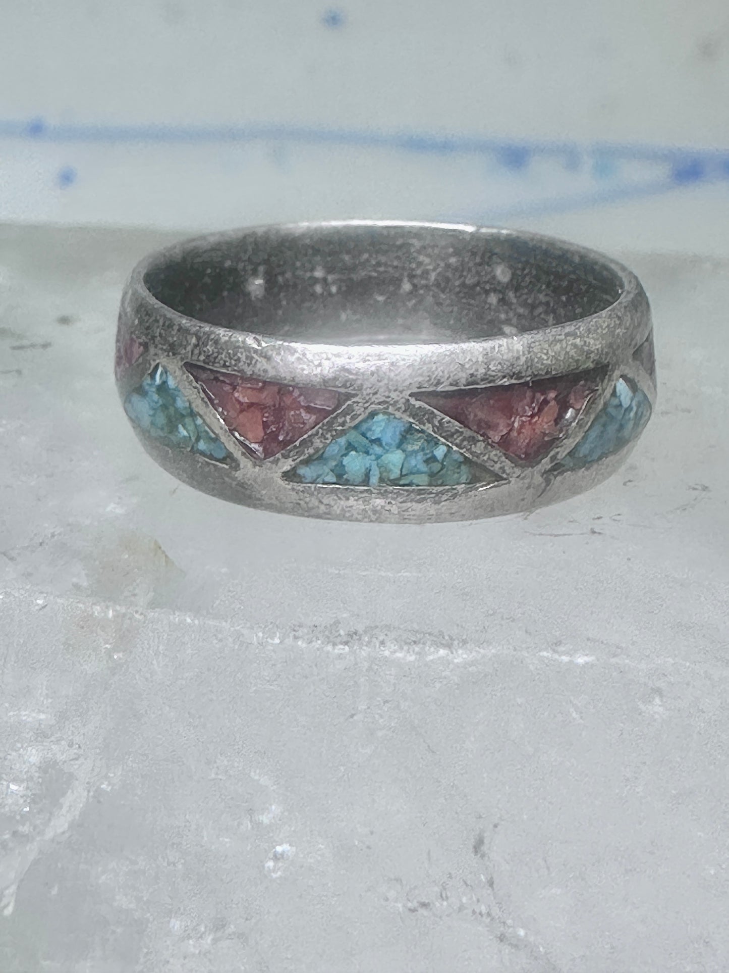 Zuni ring wedding band sterling silver turquoise coral chips size 9.5 men women