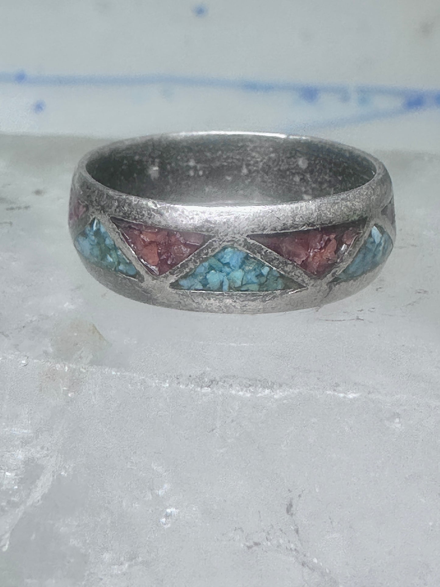 Zuni ring wedding band sterling silver turquoise coral chips size 9.5 men women