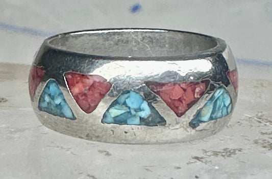 Vintage Zuni Triangle Turquoise &amp; Coral Inlay Sterling Silver Band Ring - Size 4-4.25 925