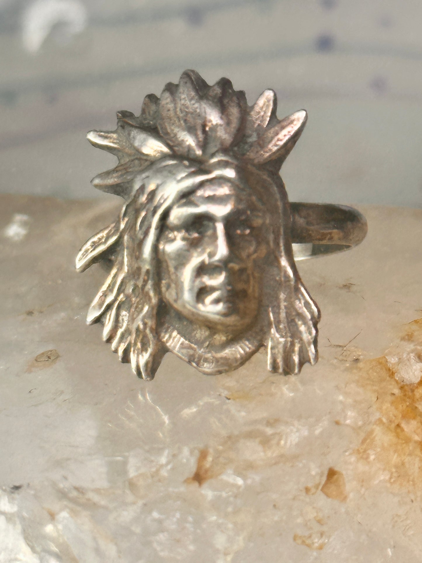 Face ring southwest figurative feathers size 9 sterling silver women men