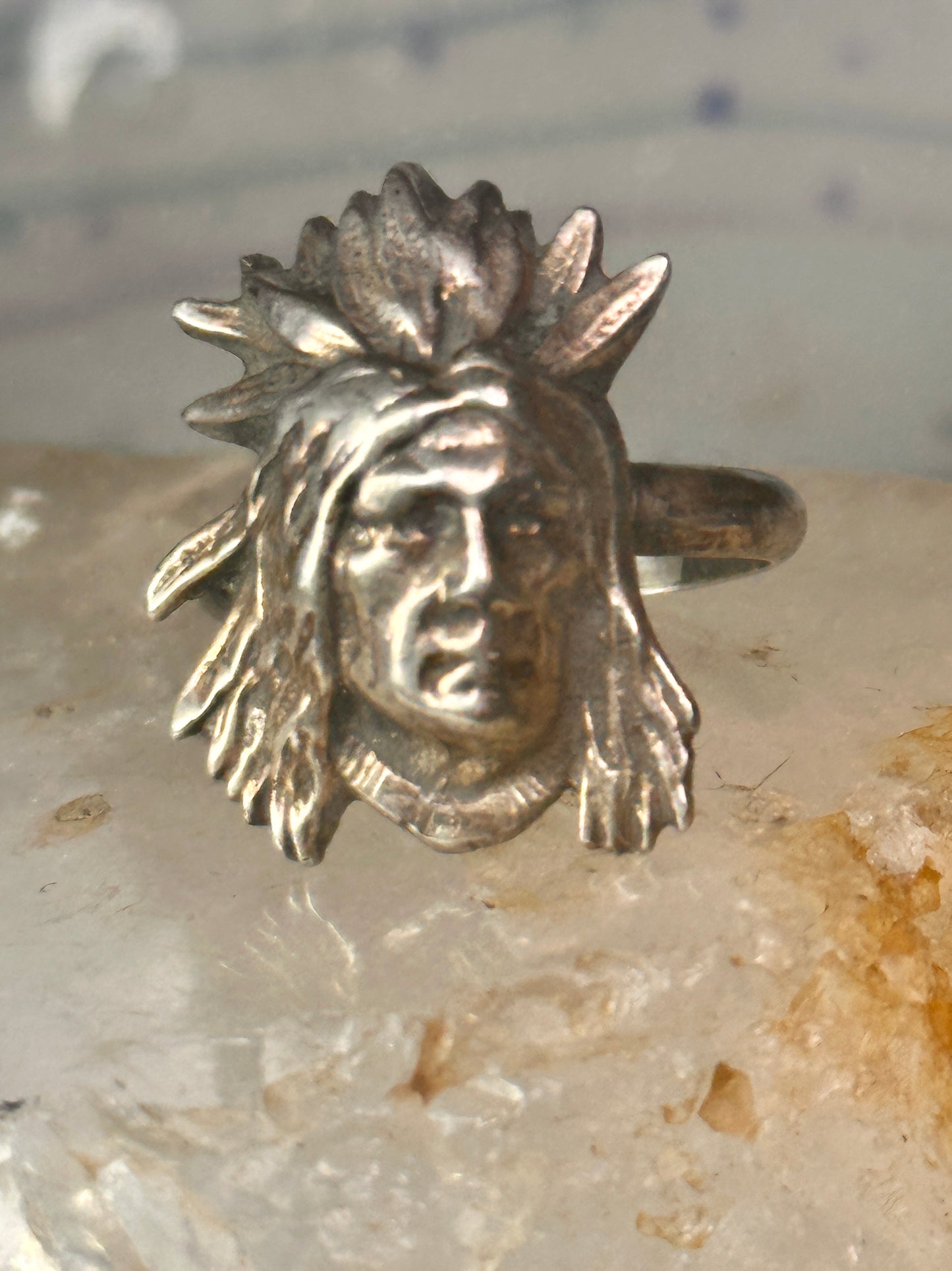 Face ring southwest figurative feathers size 9 sterling silver women men