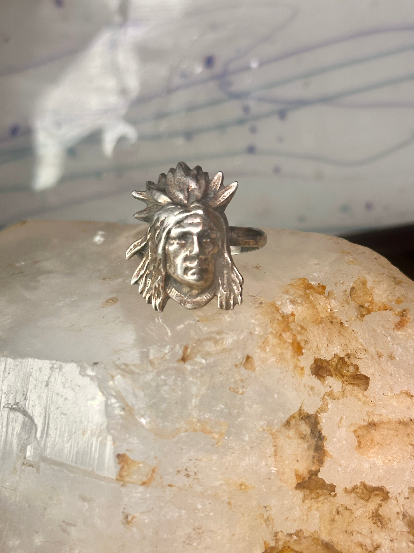 Face ring southwest figurative feathers size 9 sterling silver women men