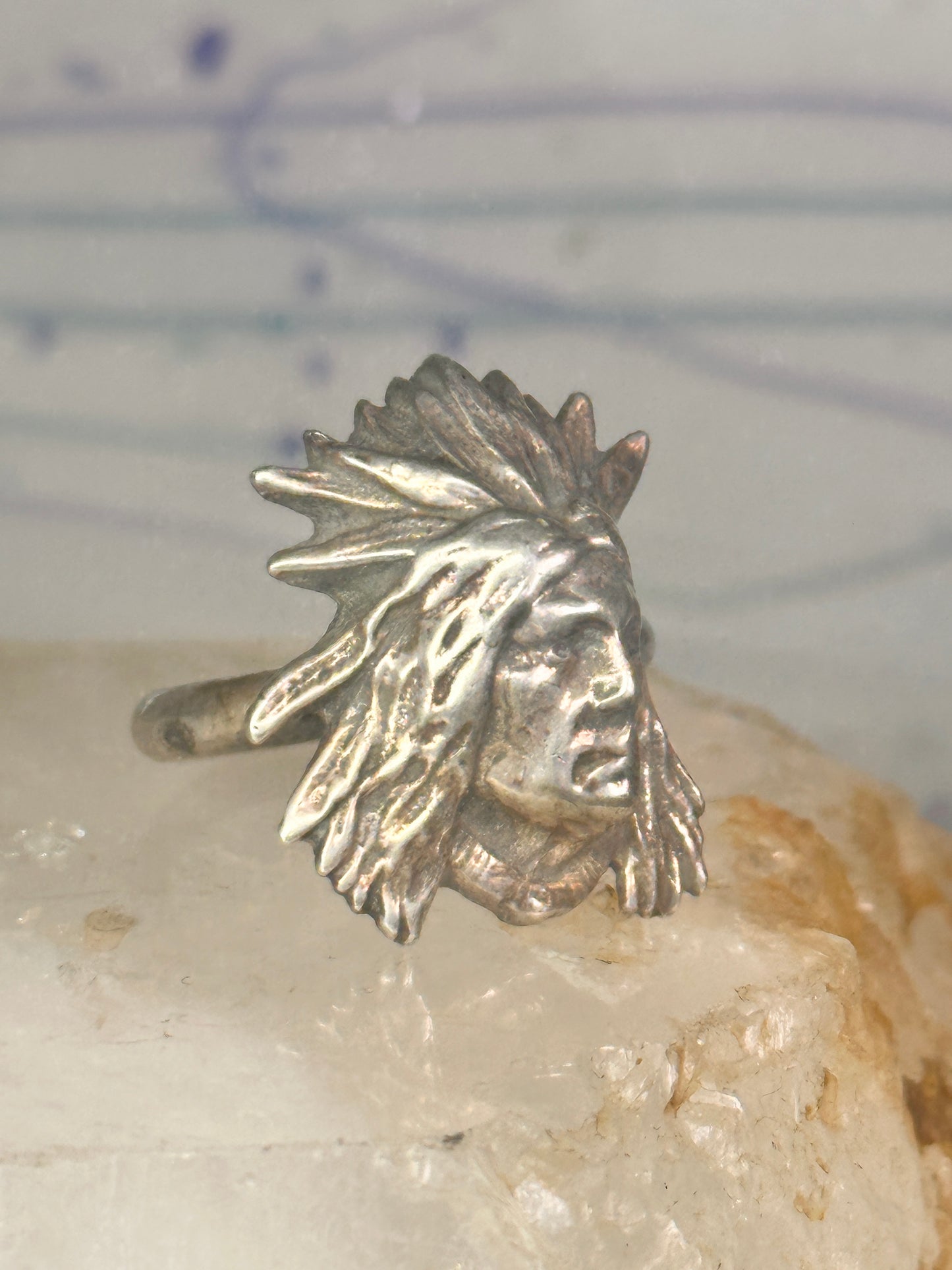 Face ring southwest figurative feathers size 9 sterling silver women men
