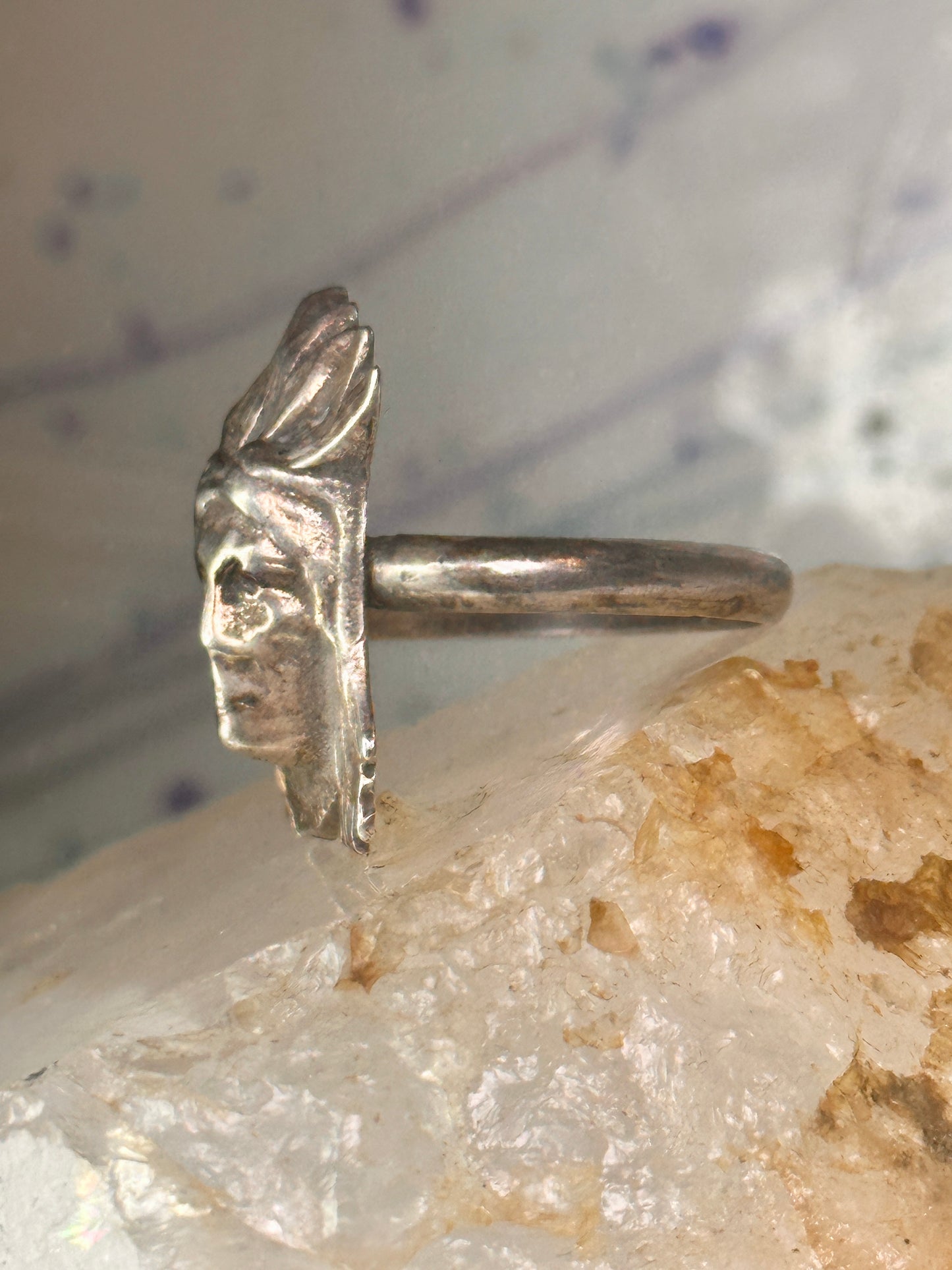 Face ring southwest figurative feathers size 9 sterling silver women men