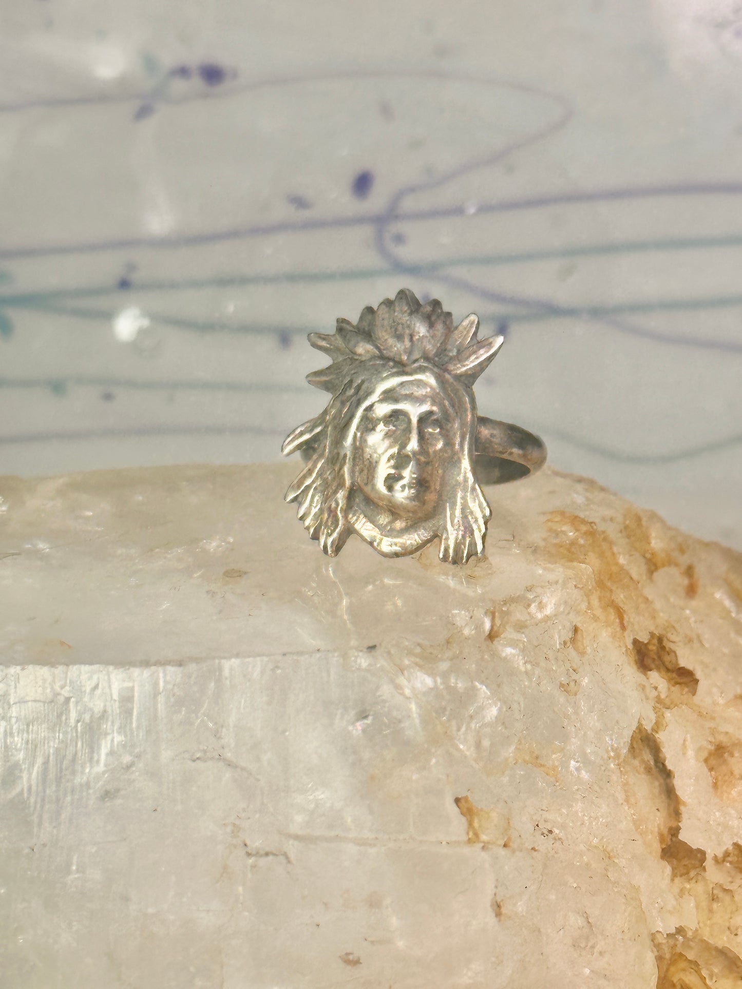 Face ring southwest figurative feathers size 9 sterling silver women men