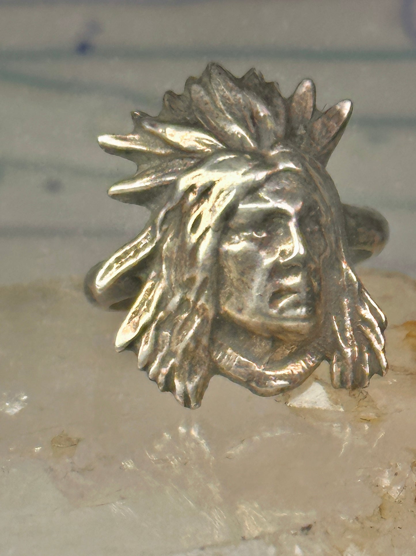 Face ring southwest figurative feathers size 9 sterling silver women men