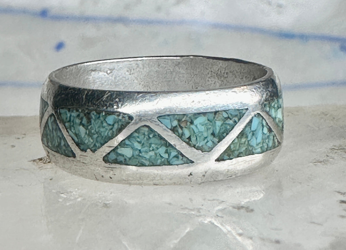 Vintage Zuni Triangle Turquoise Chip Inlay Sterling Silver Band Ring - Size 7.5 925