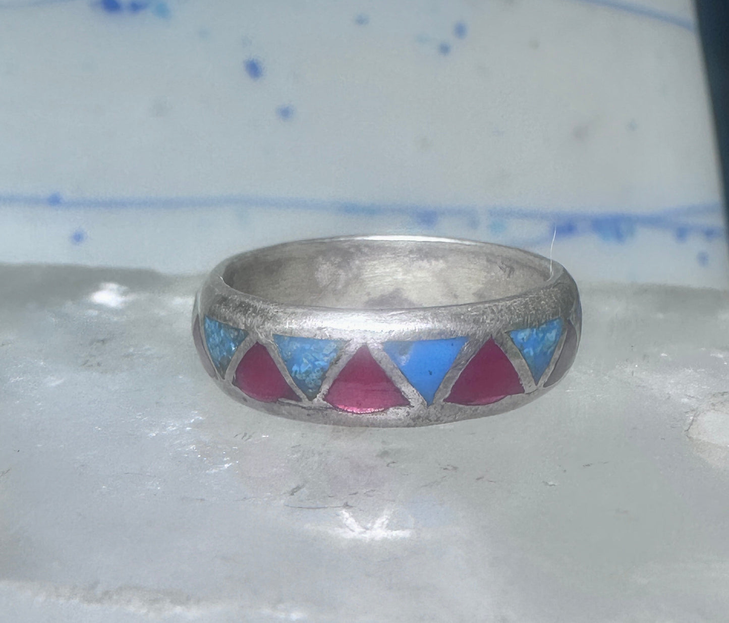 Zuni ring wedding band  sterling silver turquoise coral chips size 7.5 men women b