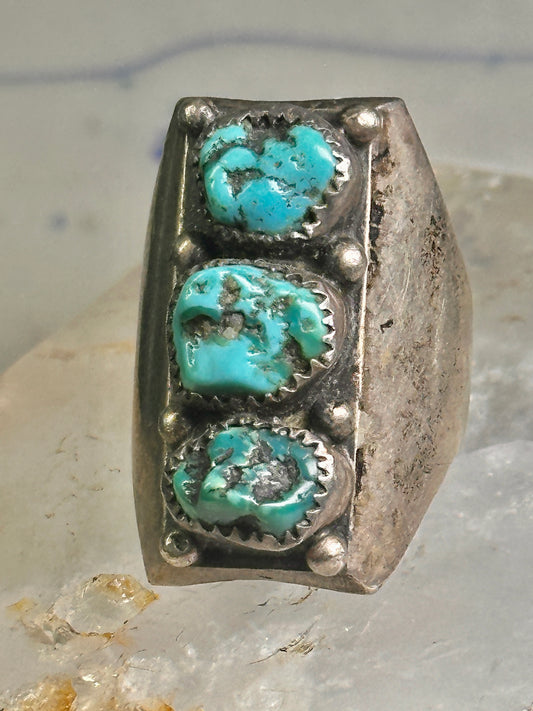 Long Navajo ring Heavy turquoise band vintage sterling silver size 10.75 women men