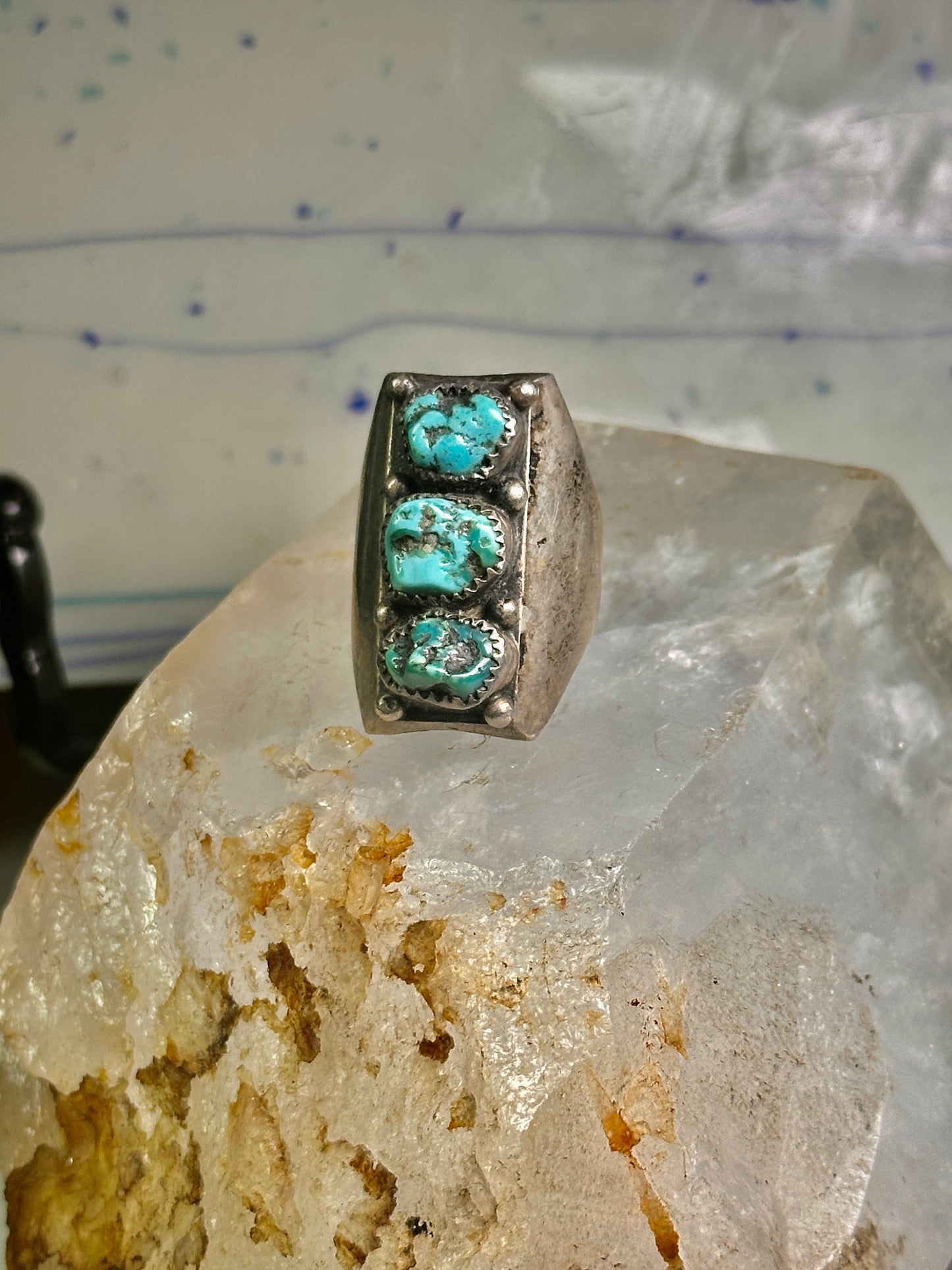 Long Navajo ring Heavy turquoise band vintage sterling silver size 10.75 women men