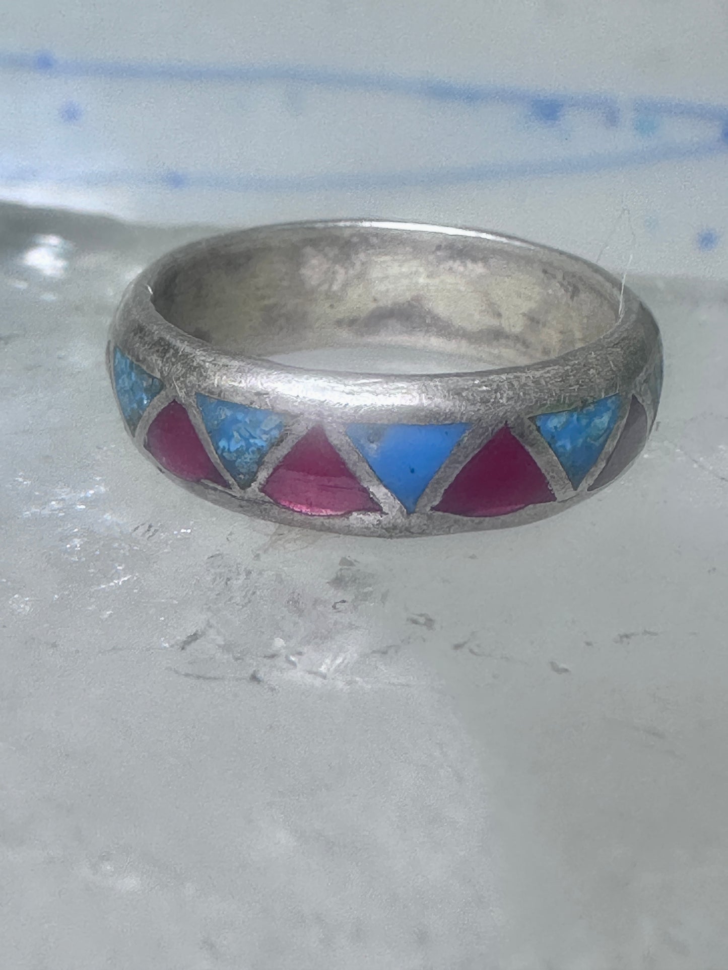 Zuni ring wedding band  sterling silver turquoise coral chips size 7.5 men women b