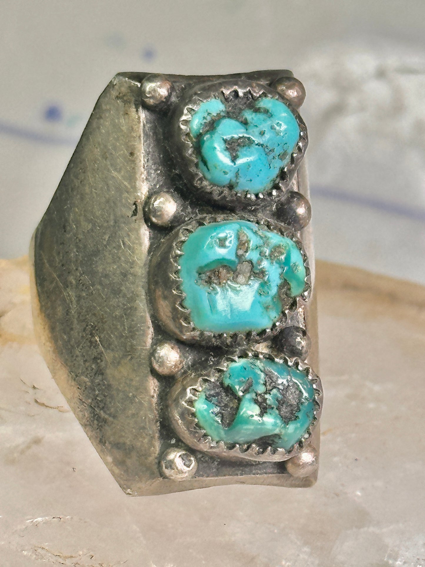 Long Navajo ring Heavy turquoise band vintage sterling silver size 10.75 women men